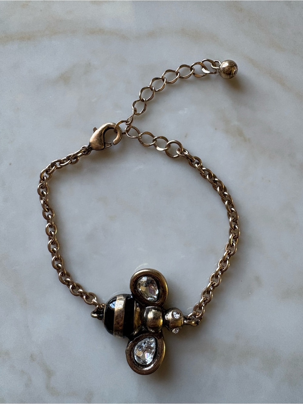 Vintage inspired Gold-Tone Bee Charm Bracelet with Clear Crystals